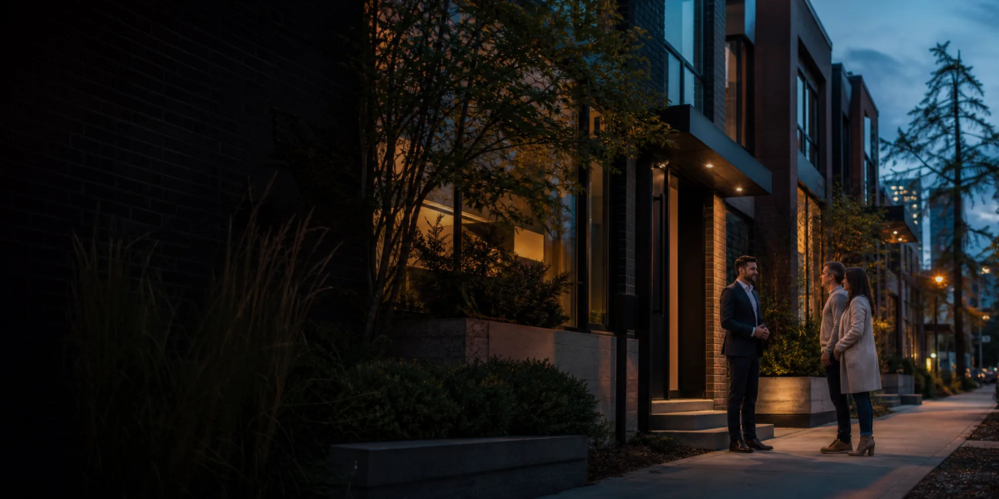 A real estate agent having a relaxed conversation with clients outside a Toronto home at dusk