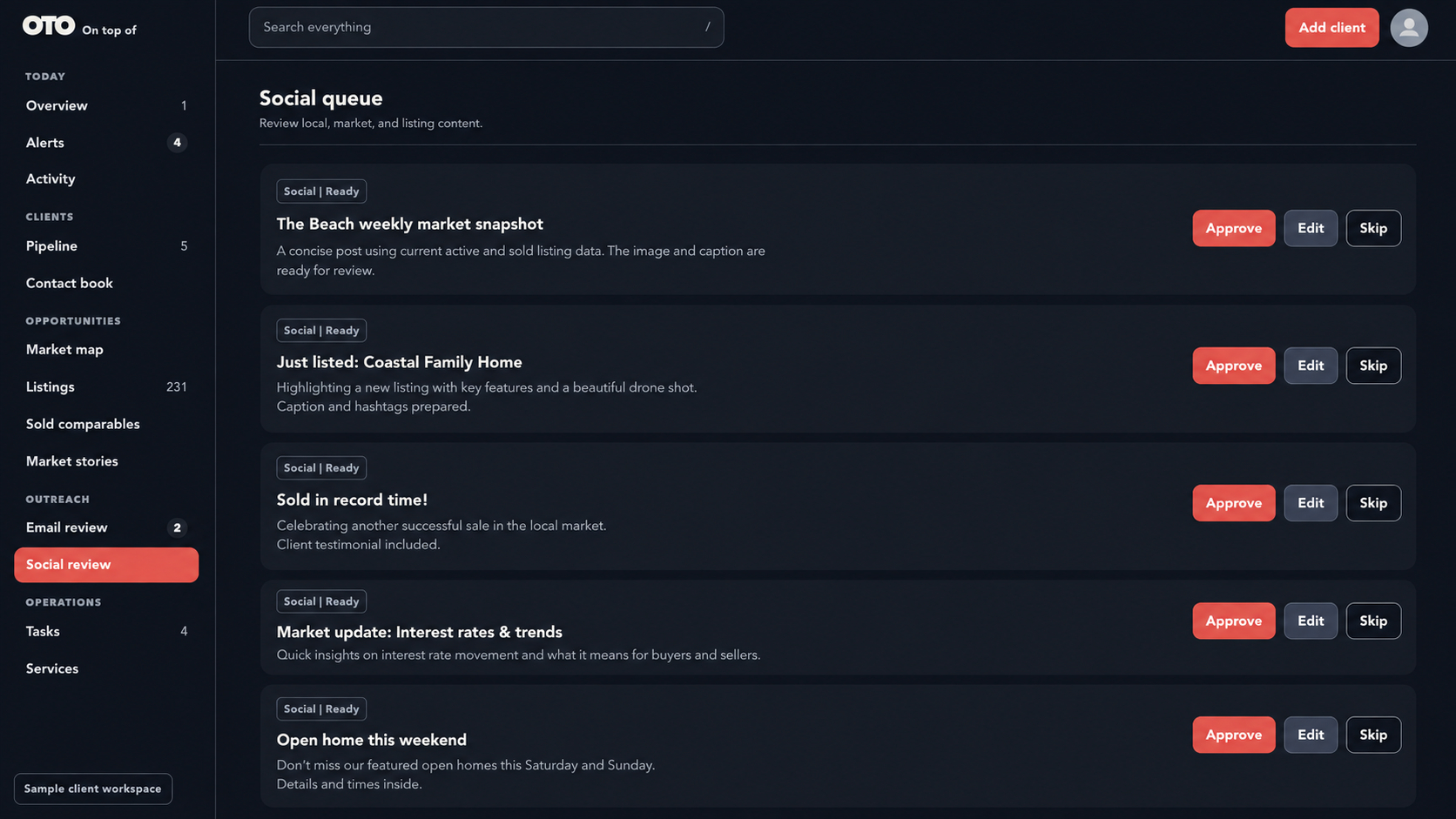 OTO social content approval queue showing prepared real estate posts